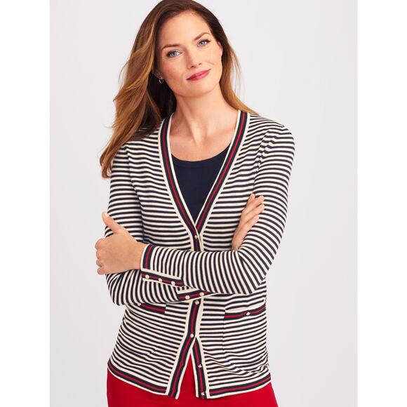 Talbots the Oprah Magazine Collection Embroidered Striped Cardigan Black Large - Picture 1 of 8